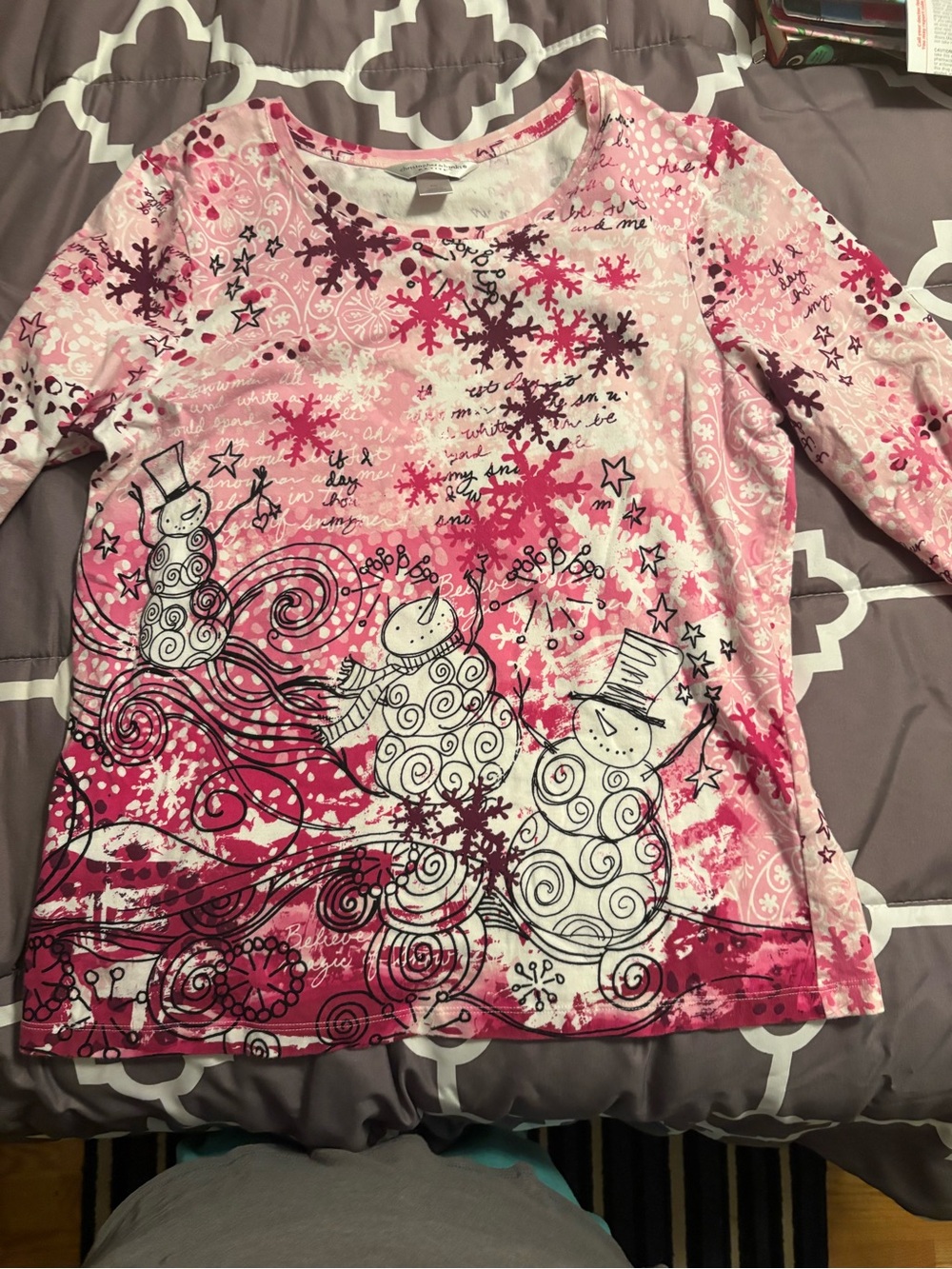 Christopher & Banks Pink Snowman Graphic 3/4 Sleeve Tee petite large